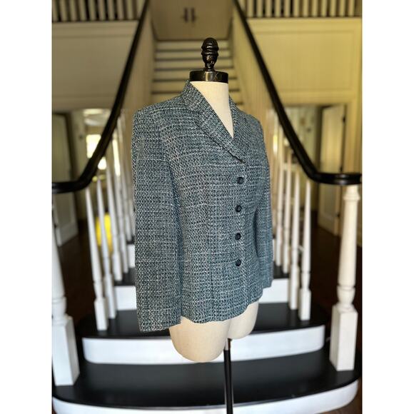 Y2K Blue Wool Tweed Blazer Professional Career Office Church Fall Winter Modest - Picture 3 of 11